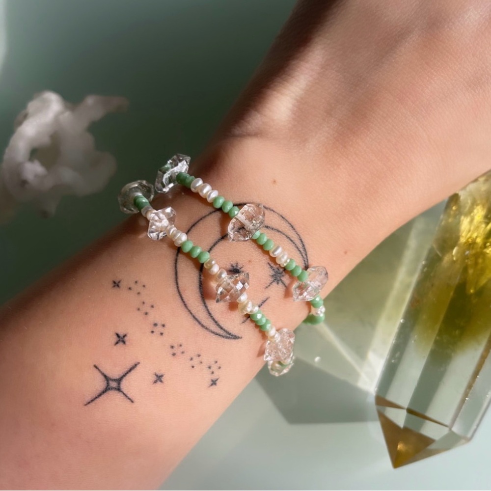 Mint Green + Pearls + Herkimer Diamond Crystal Minibeaded Bracelet Set